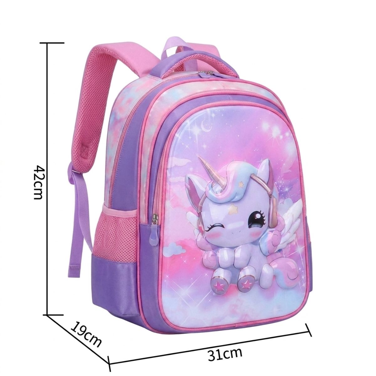 Cartable licorne clin d'œil à roulettes | Ensemble 3 pièces (sac+lunch bag+trousse) | Tissu Oxford résistant