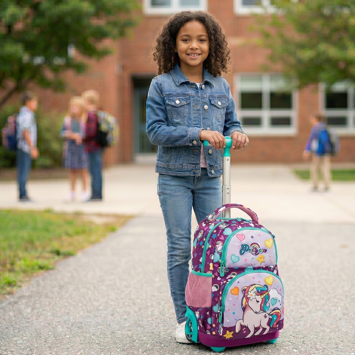 Cartable licorne arc-en-ciel | Ensemble 3 pièces (Sac+lunch bag+trousse) | Roulettes intégrées | Tissu Oxford résistant