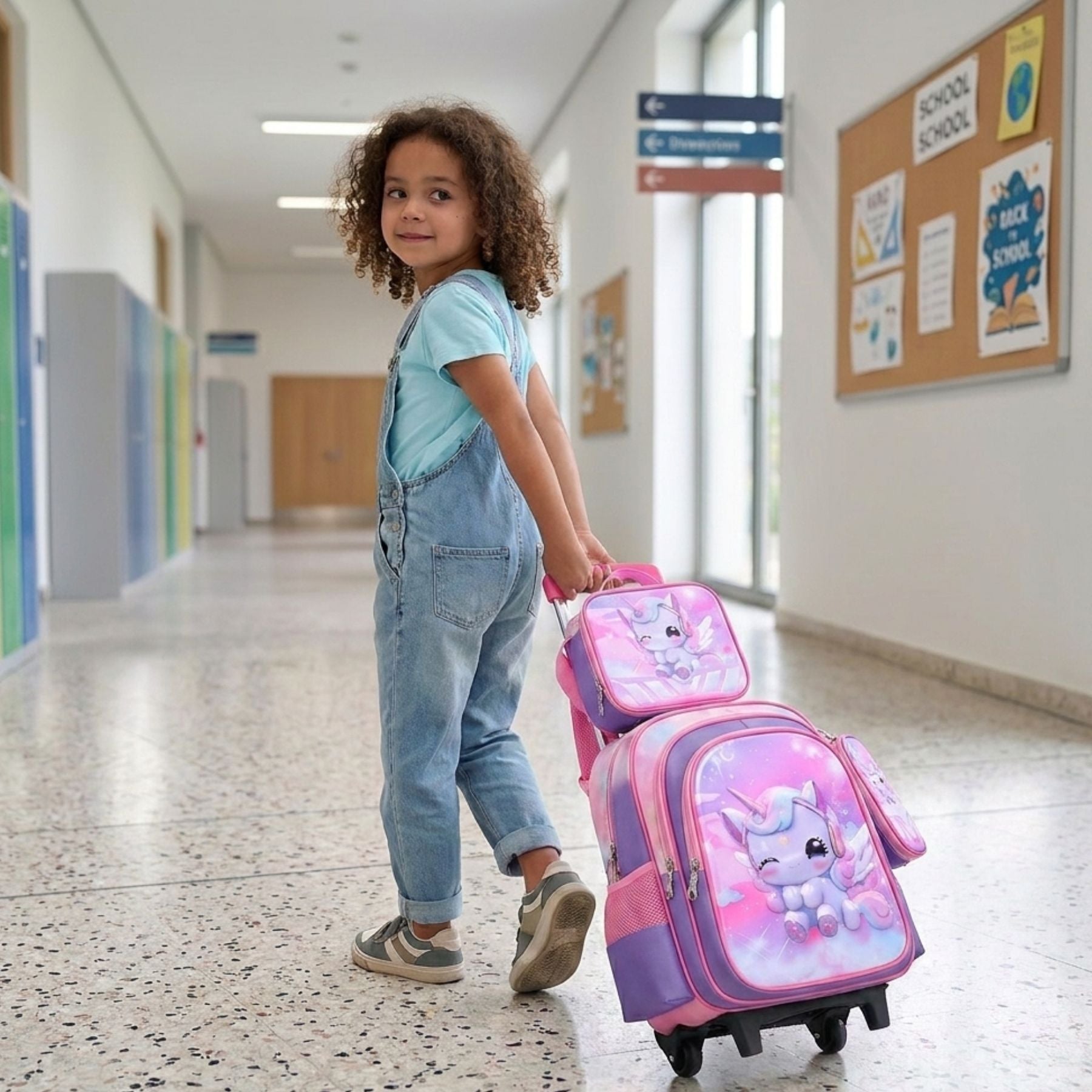 Cartable licorne clin d'œil à roulettes | Ensemble 3 pièces (sac+lunch bag+trousse) | Tissu Oxford résistant