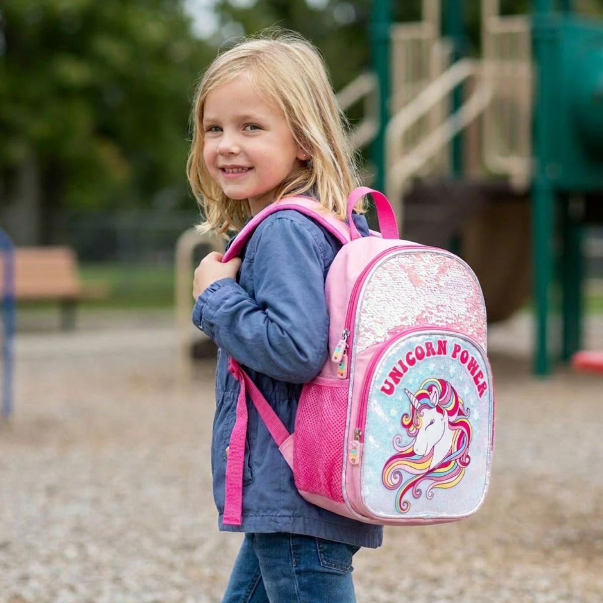 Cartable licorne rose pailleté | Bretelles confortables | Oxford résistant
