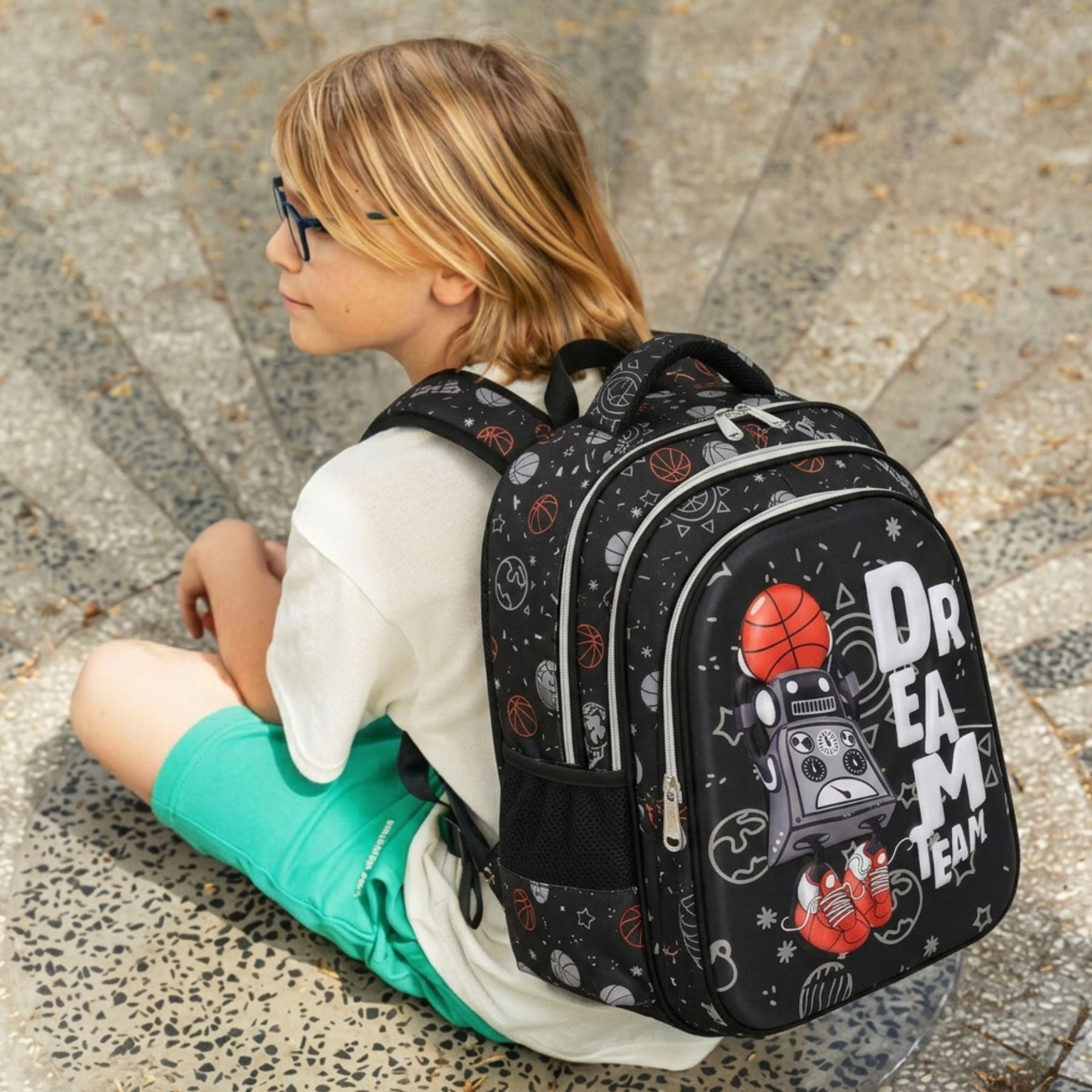 Cartable scolaire basketball | Ensemble 2 pièces (Sac à dos et trousse assortie | Nylon résistant