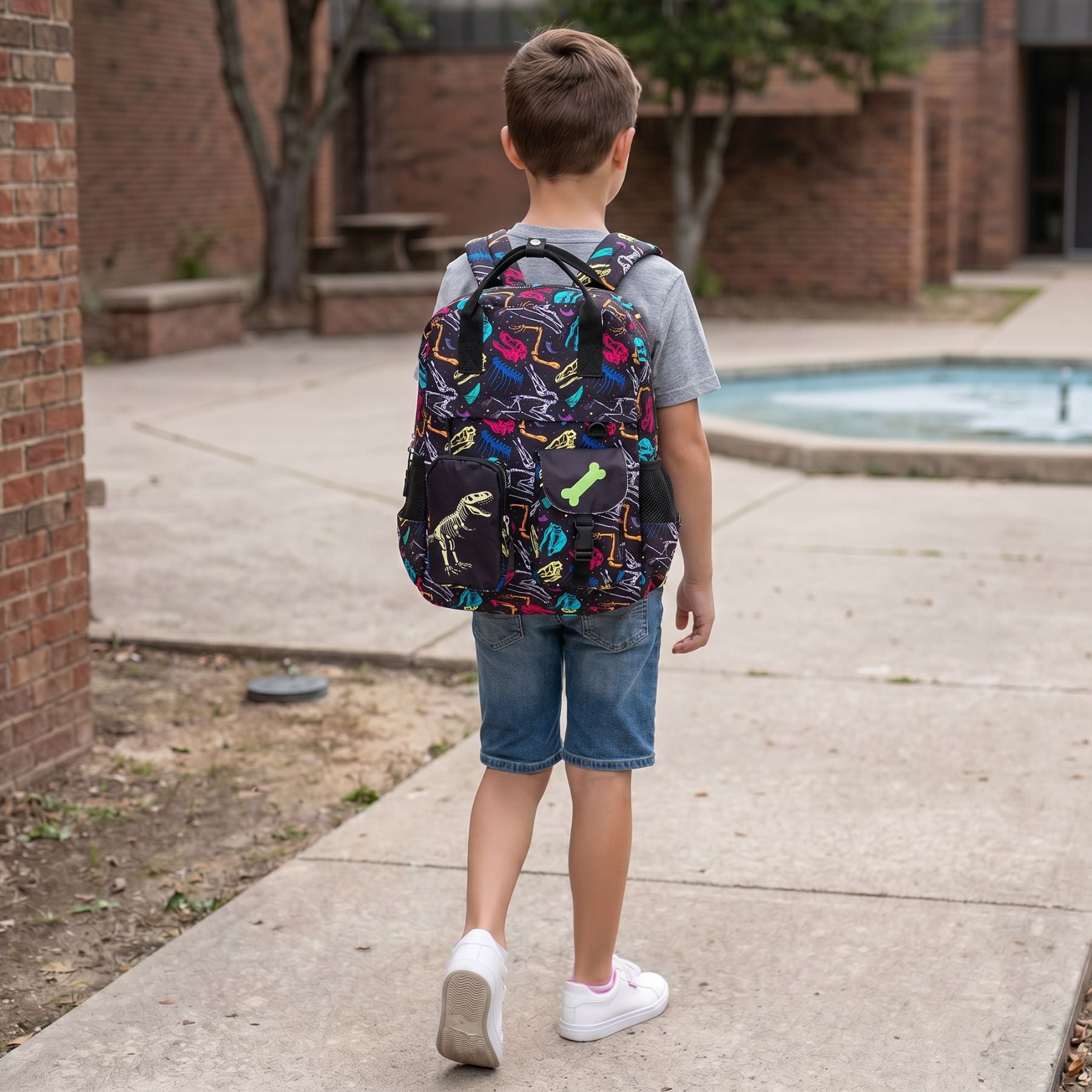 Cartable squelette dinosaure | Tissu Oxford résistant | Multiples rangements | Port confortable