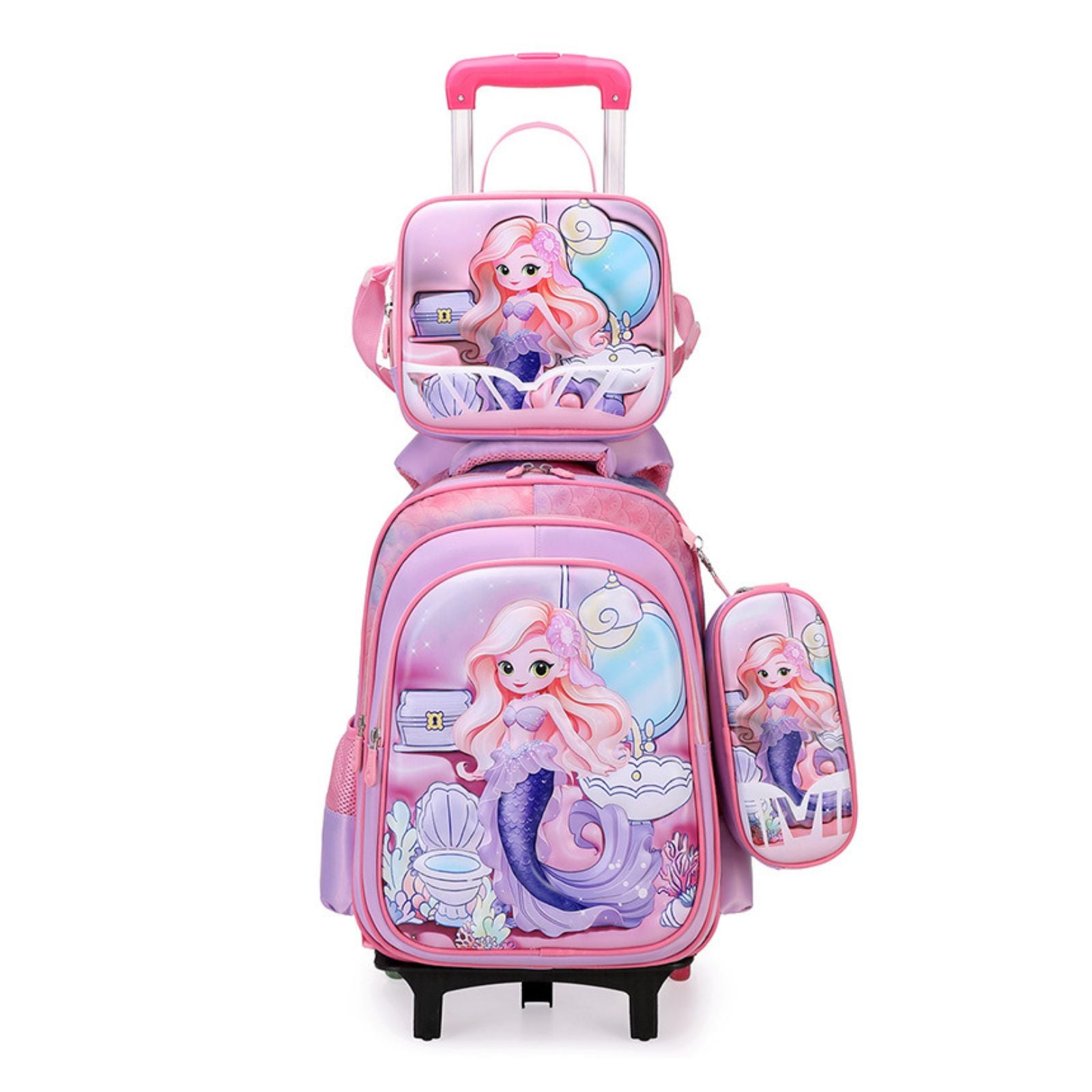 Cartable à Roulettes Fille | Motif Petite Sirène | Set 3 Pièces | Imperméable École Primaire