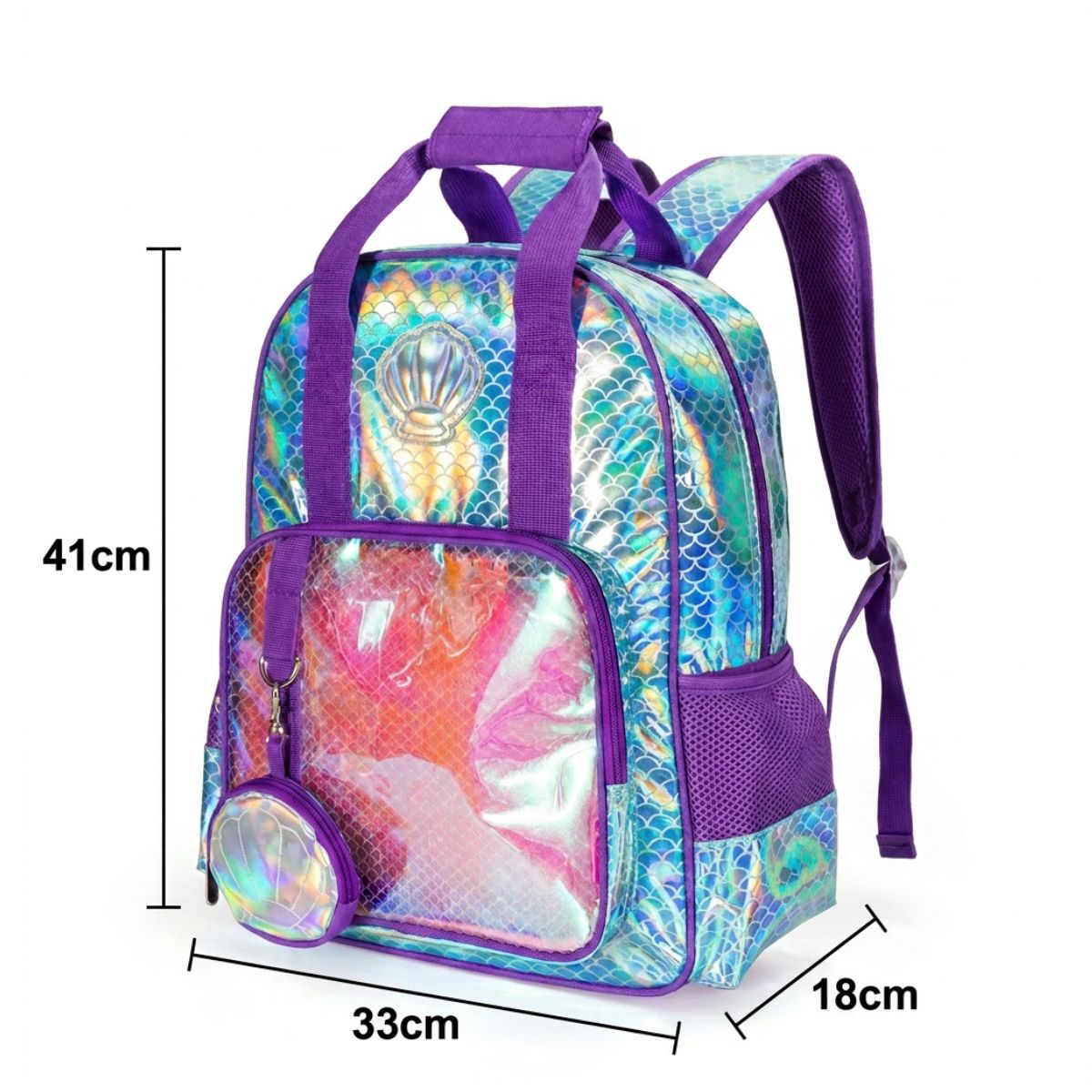 Cartable coquillage irisé | Ensemble 3 pièces (sac + lunch bag + trousse) | Polyester et PVC résistants