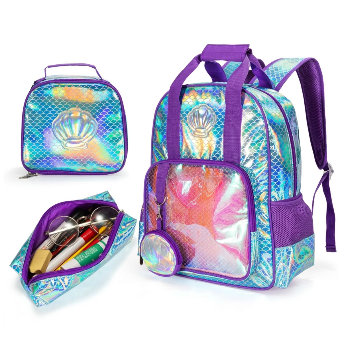 Cartable coquillage irisé | Ensemble 3 pièces (sac + lunch bag + trousse) | Polyester et PVC résistants