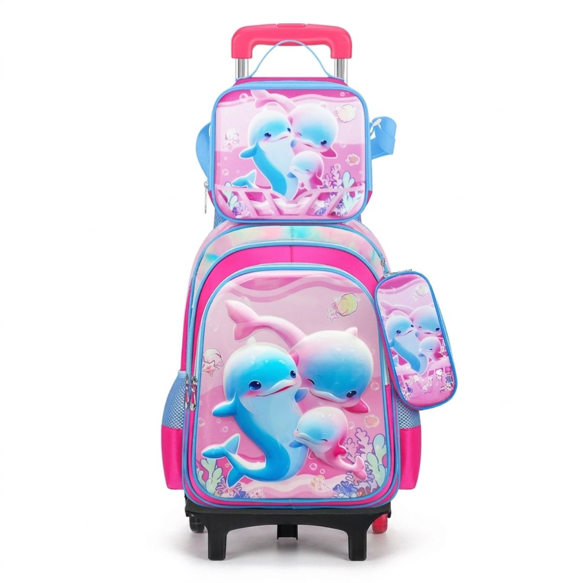 Cartable dauphin à roulettes | Ensemble 3 pièces (sac+lunch bag+trousse) | Tissu Oxford imperméale