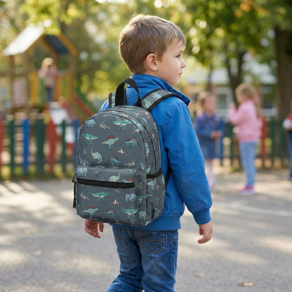 Cartable dinosaures gris | Compartiments pratiques | Tissu Oxford résistant