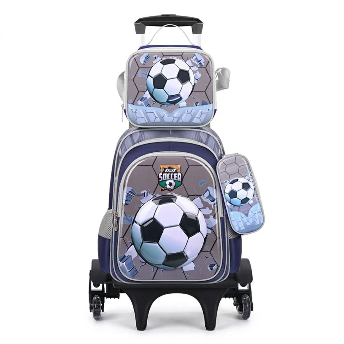 Cartable football à roulettes | Ensemble 3 pièces (sac+lunch bag+trousse) | Tissu Oxford résistant