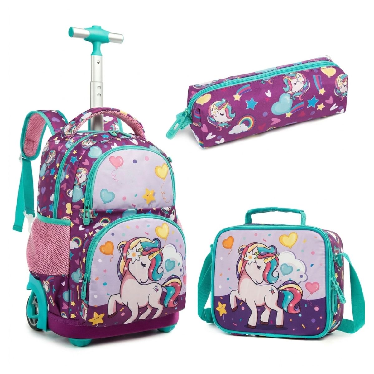 Cartable licorne arc-en-ciel | Ensemble 3 pièces (Sac+lunch bag+trousse) | Roulettes intégrées | Tissu Oxford résistant