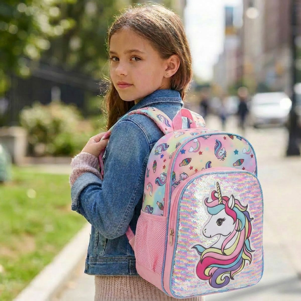 Cartable licorne pailleté à roulettes | Kit 3 pièces (cartable + sac repas + trousse) | Oxford résistant