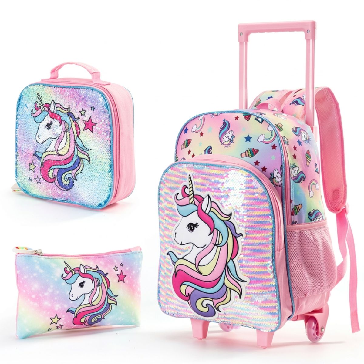 Cartable licorne pailleté à roulettes | Kit 3 pièces (cartable + sac repas + trousse) | Oxford résistant