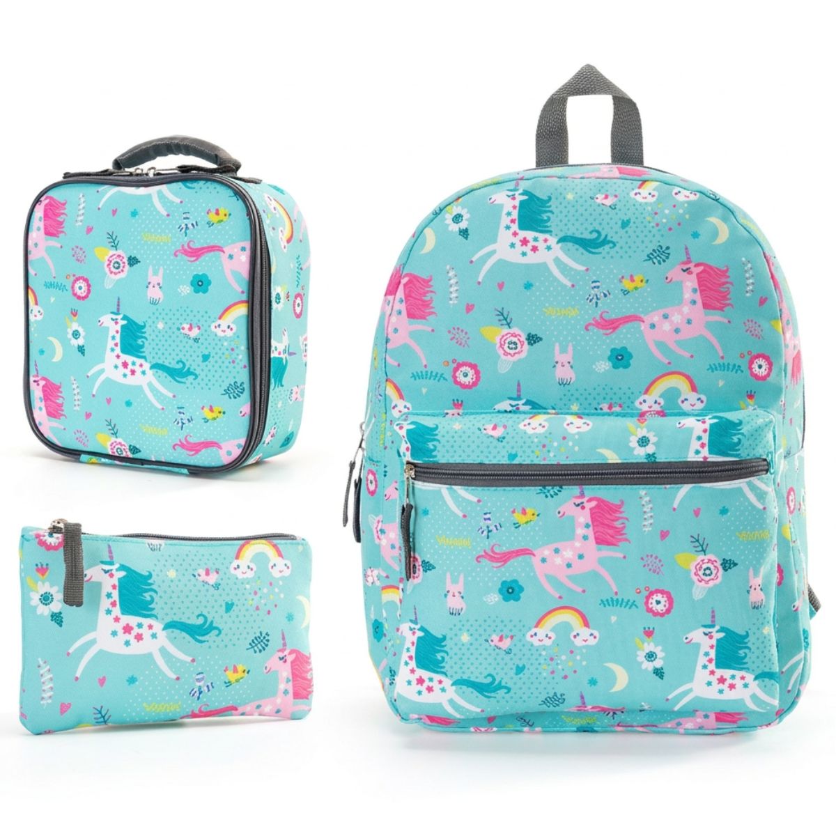Cartable licorne turquoise | Kit 3 pièces (cartable + sac repas + trousse) | Tissu Oxford résistant