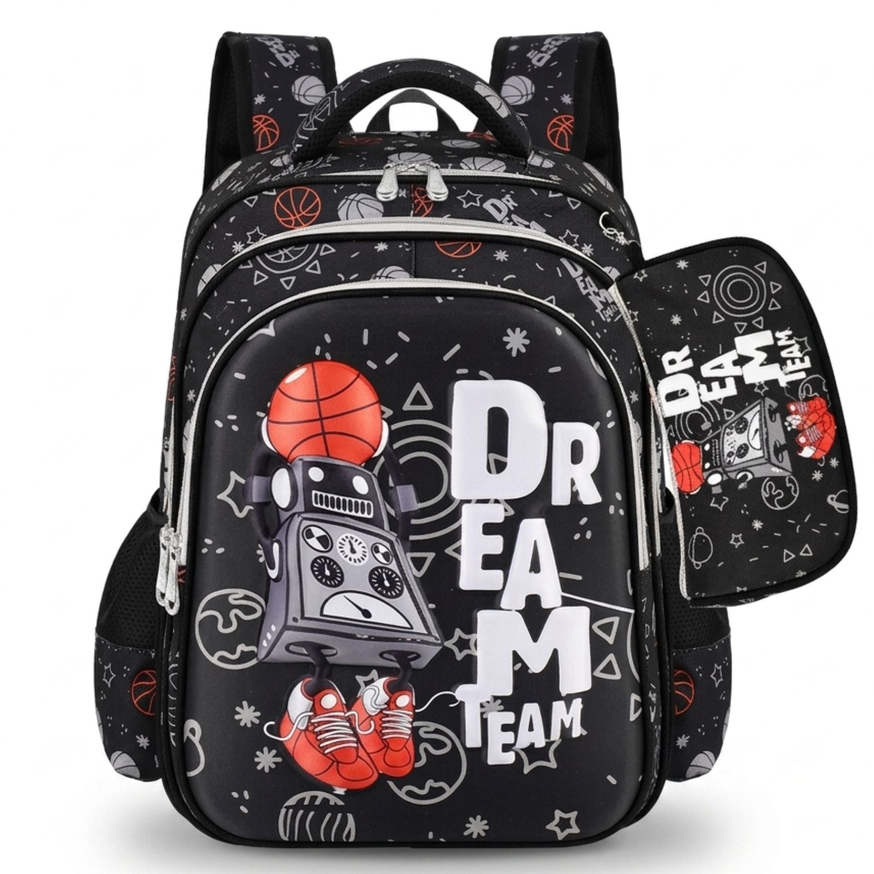 Cartable scolaire basketball | Ensemble 2 pièces (Sac à dos et trousse assortie | Nylon résistant