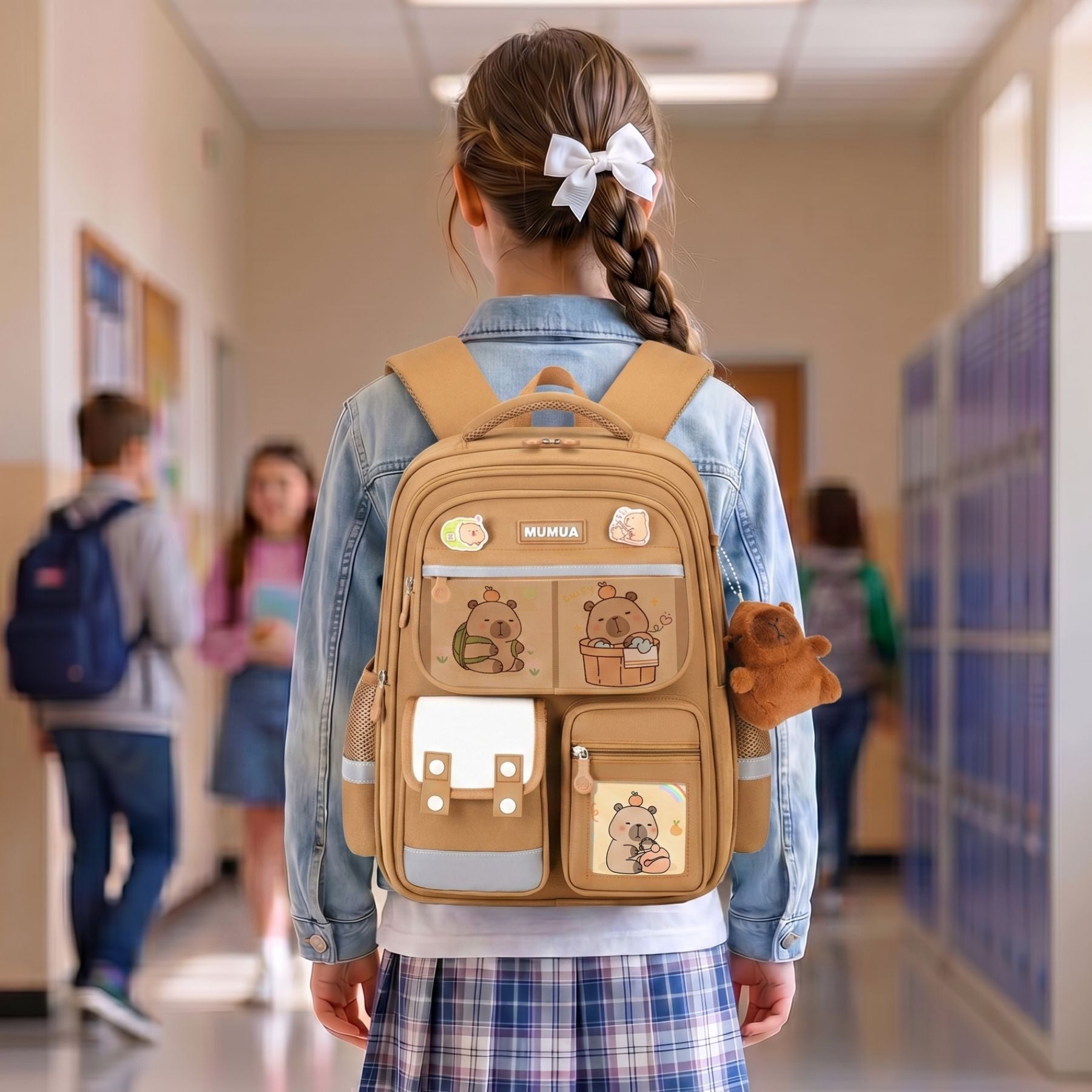 Cartable scolaire ourson caramel | Ensemble (Sac + trousse) | Tissu Oxford résistant