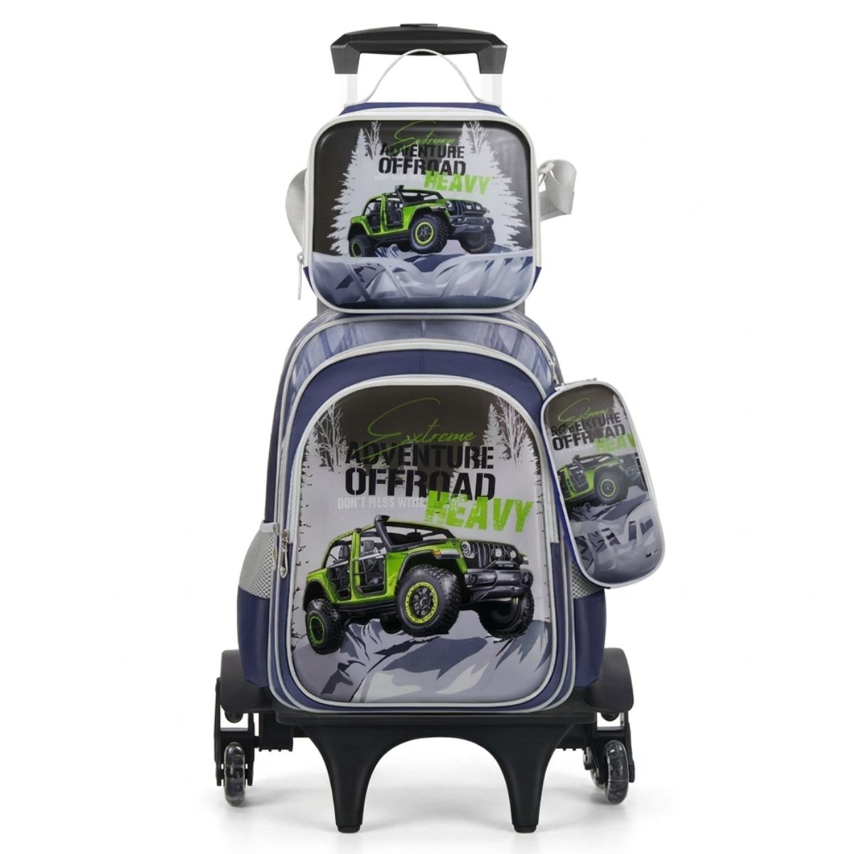 Cartable voiture 4x4 à roulettes | Ensemble 3 pièces (sac+lunch bag+trousse) | Tissu Oxford résistant