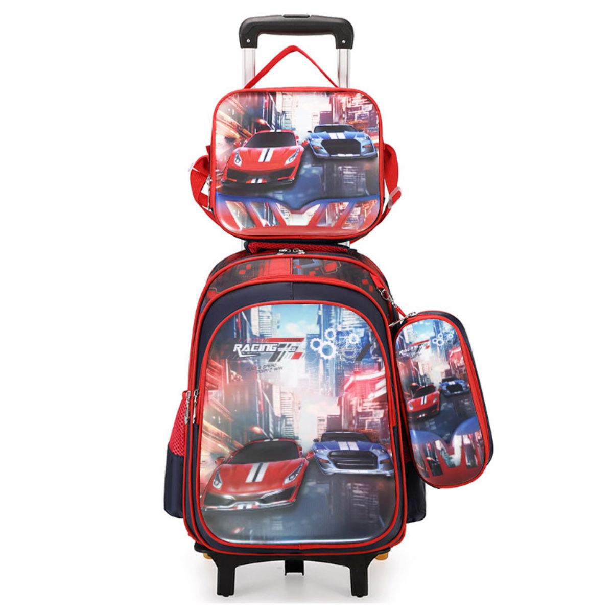 Cartable voiture à roulettes | Ensemble 3 pièces (sac à dos + lunch bag + trousse ) | Grande capacité | Tissu polyester résistant