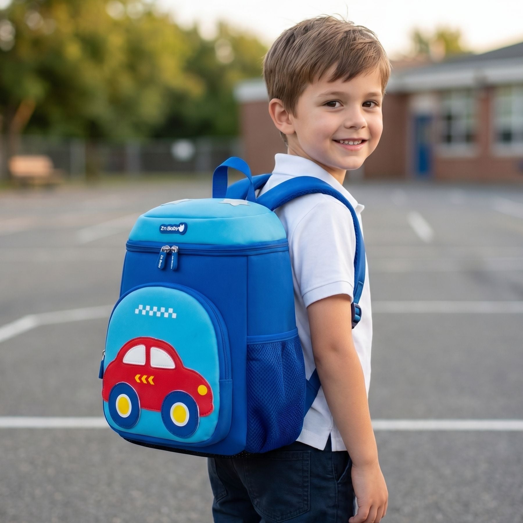 Cartable voiture maternelle bleu | Compartiments multiples | Tissu néoprène respirant
