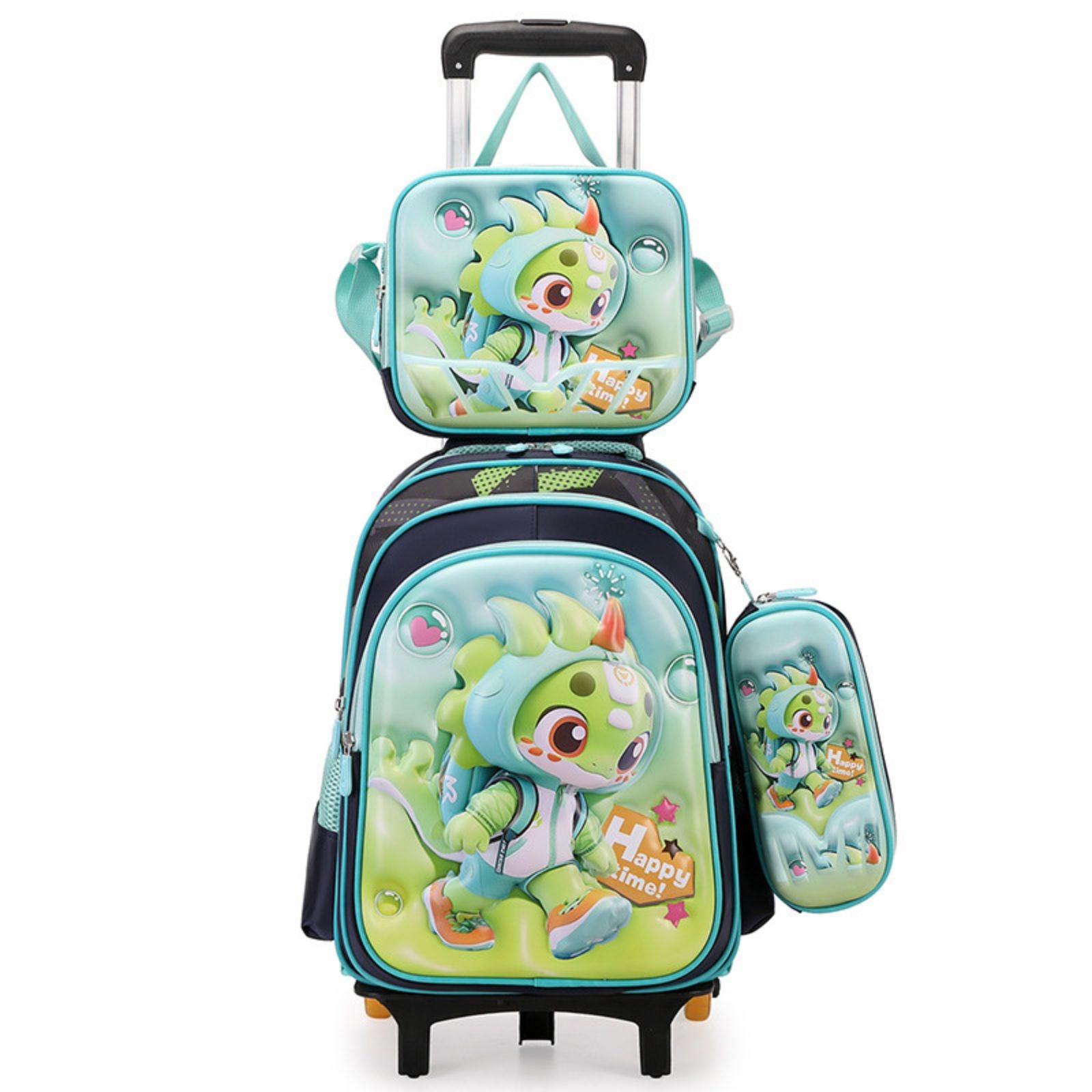 Sac Trolley École Primaire | Dinosaure Vert & Bleu 3D | Set 3 Pièces | Imperméable CP au CM2