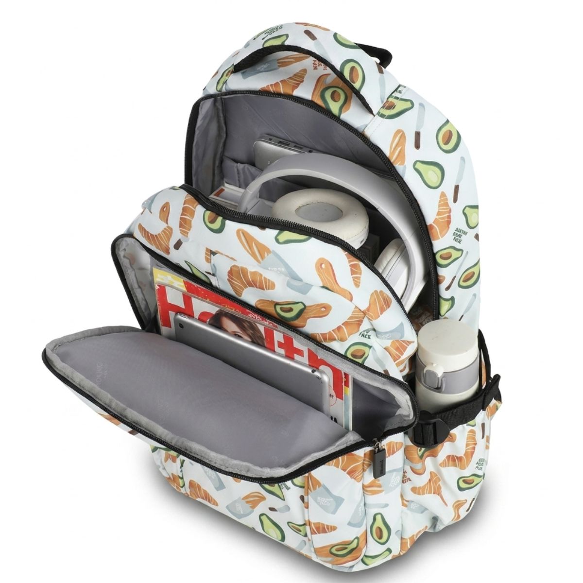 Sac à dos en polyester | Motif avocats et croissants | Bretelles respirantes | Usage quotidien