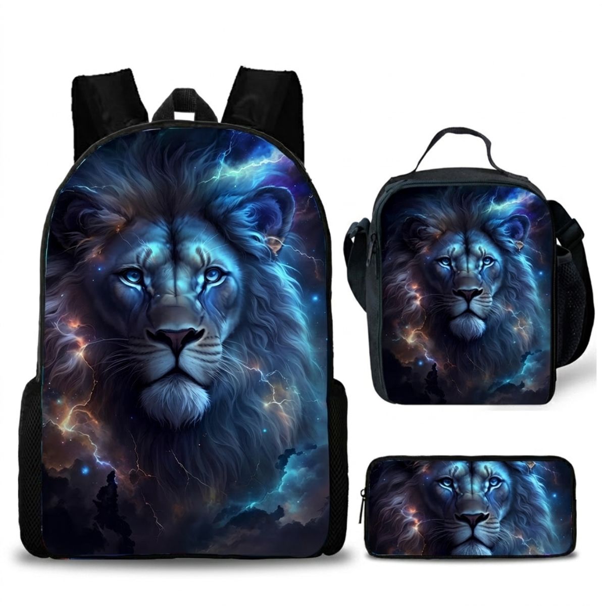 Sac à dos lion | Kit 3 pièces (sac + lunch bag + trousse) | Tissu Oxford
