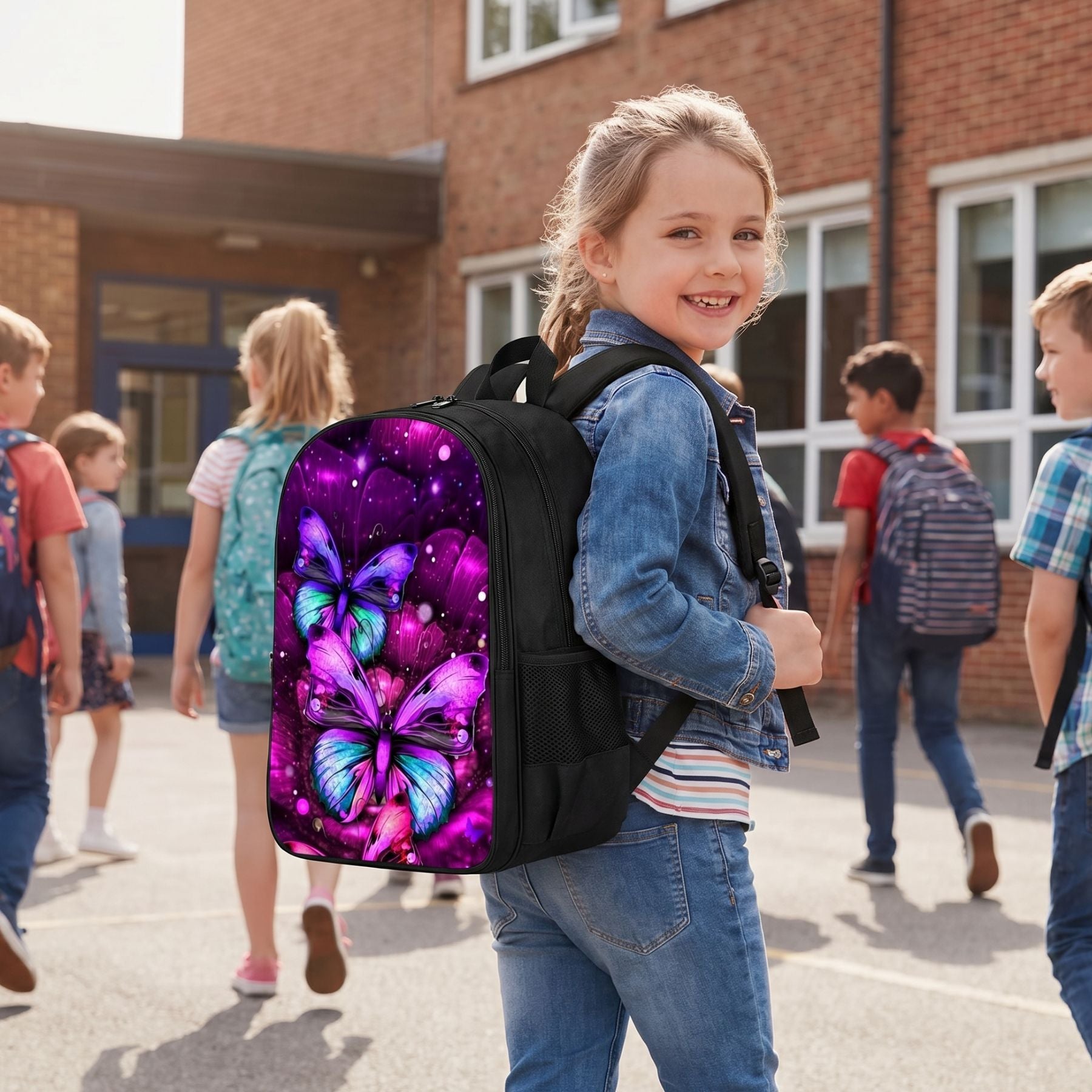 Sac à dos papillon pour enfant | Ensemble 3 pièces (sac + bandoulière + trousse) | Nylon imperméable