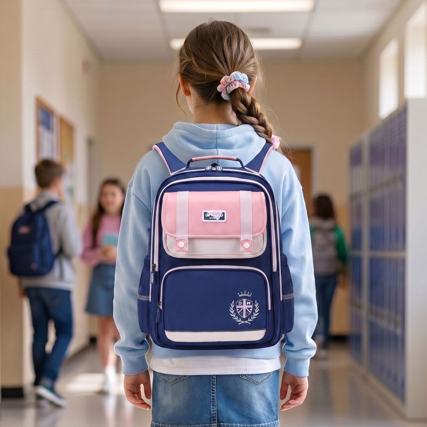 Sac à dos scolaire bleu royal et rose | Ensemble 3 pièces (sac + petit sac bandoulière + trousse) | Tissu Oxford résistant