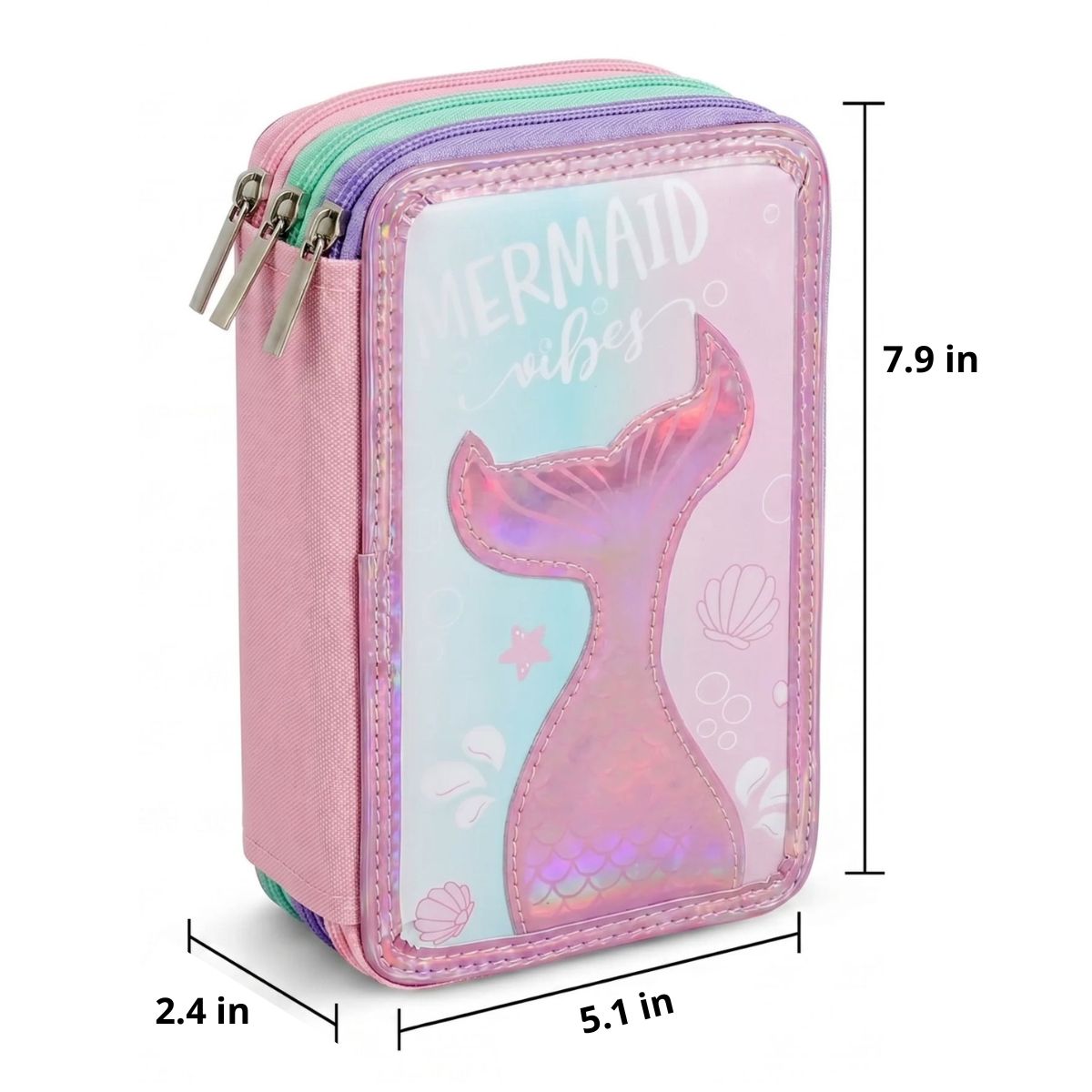 Mermaid Pencil Case for Girls | 3 Zipped Compartments | Holographic Design | Large Capacity