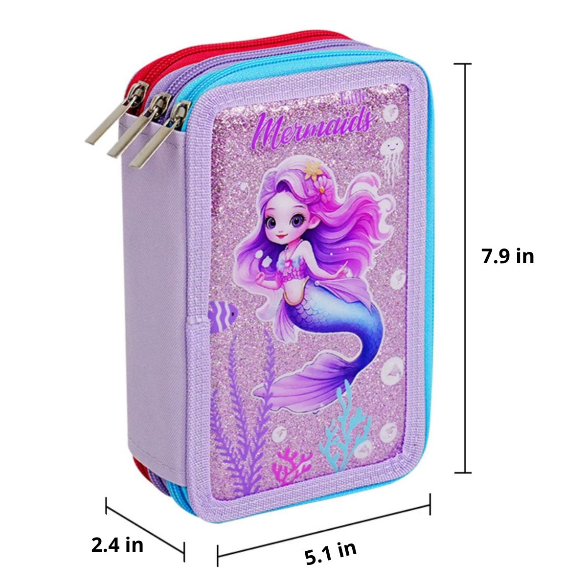 Little Mermaid Pencil Case for Girls | 3 Zipped Compartments | Large Capacity | Glitter Design