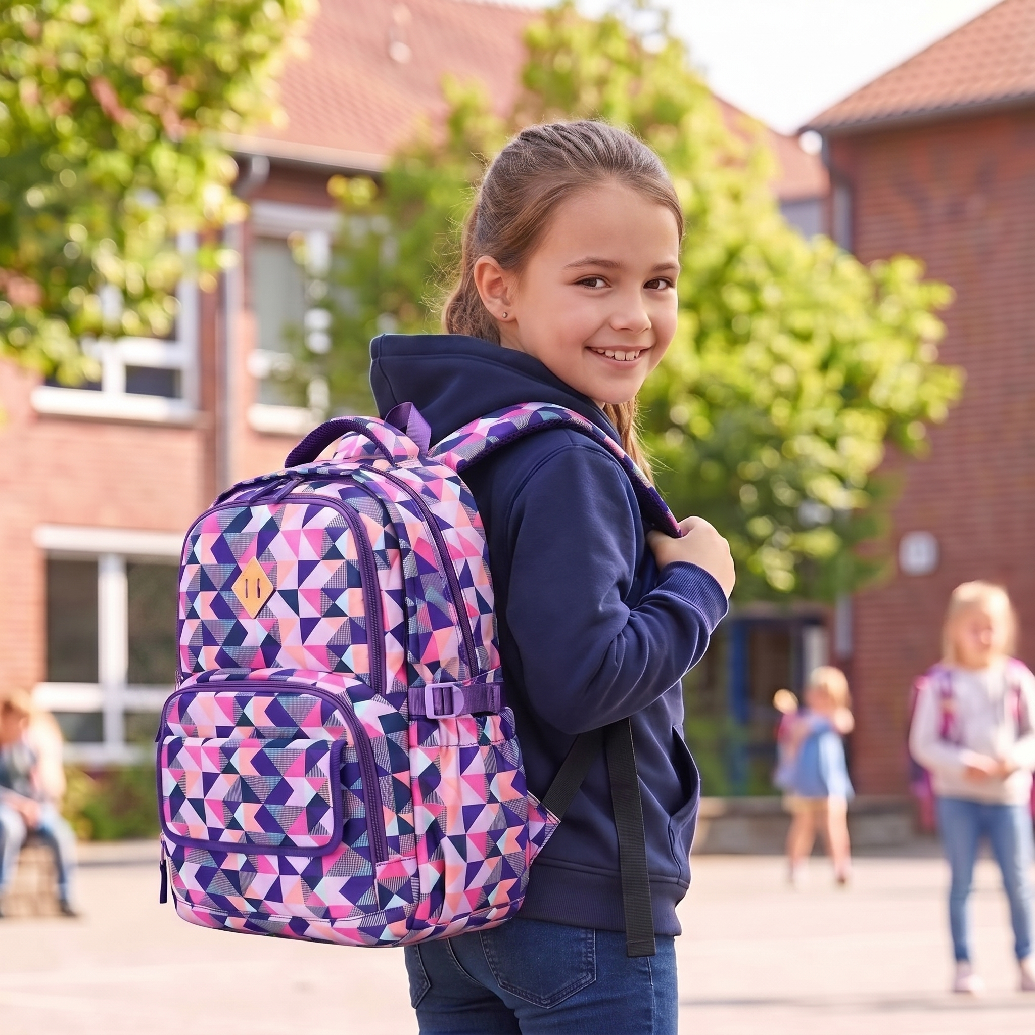 Sac scolaire géométrie multicolore | Trousse assortie incluse | Oxford imperméable | Grande capacité