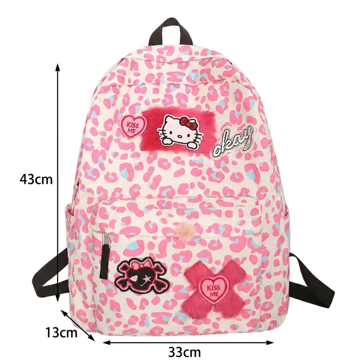 Sac scolaire léopard rose | Bretelles réglables | Nylon résistant | Motifs kawaii brodés