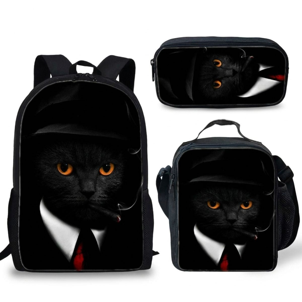 Sac à dos Chat | Ensemble 3 pièces (Sac + bandoulière + trousse) | Polyester résistant