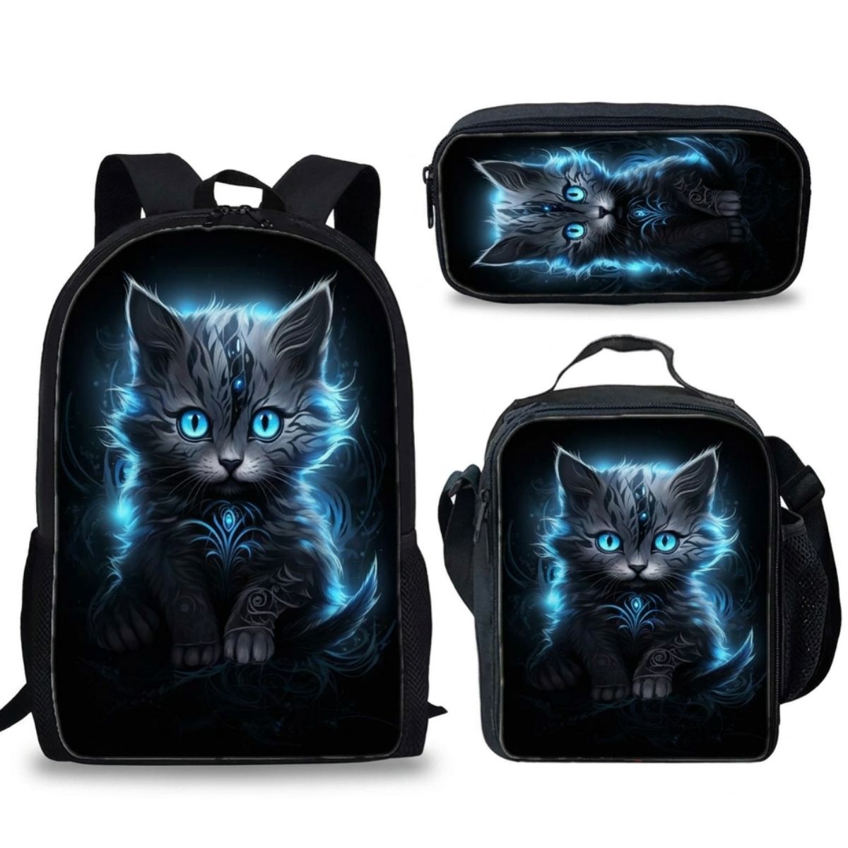Sac à dos Chat | Ensemble 3 pièces (Sac + bandoulière + trousse) | Polyester résistant