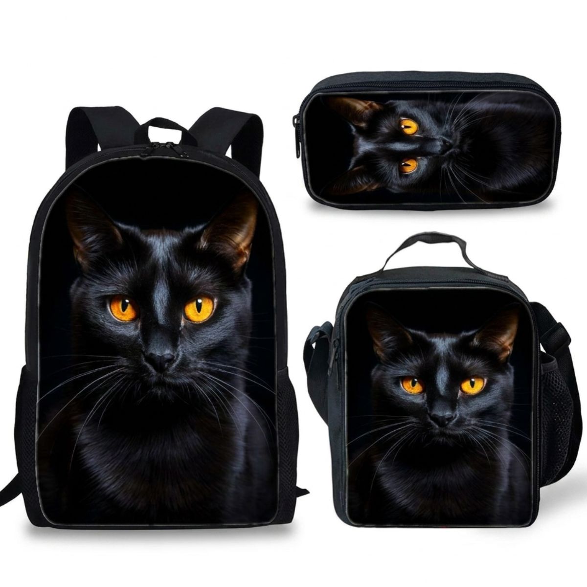 Sac à dos Chat | Ensemble 3 pièces (Sac + bandoulière + trousse) | Polyester résistant