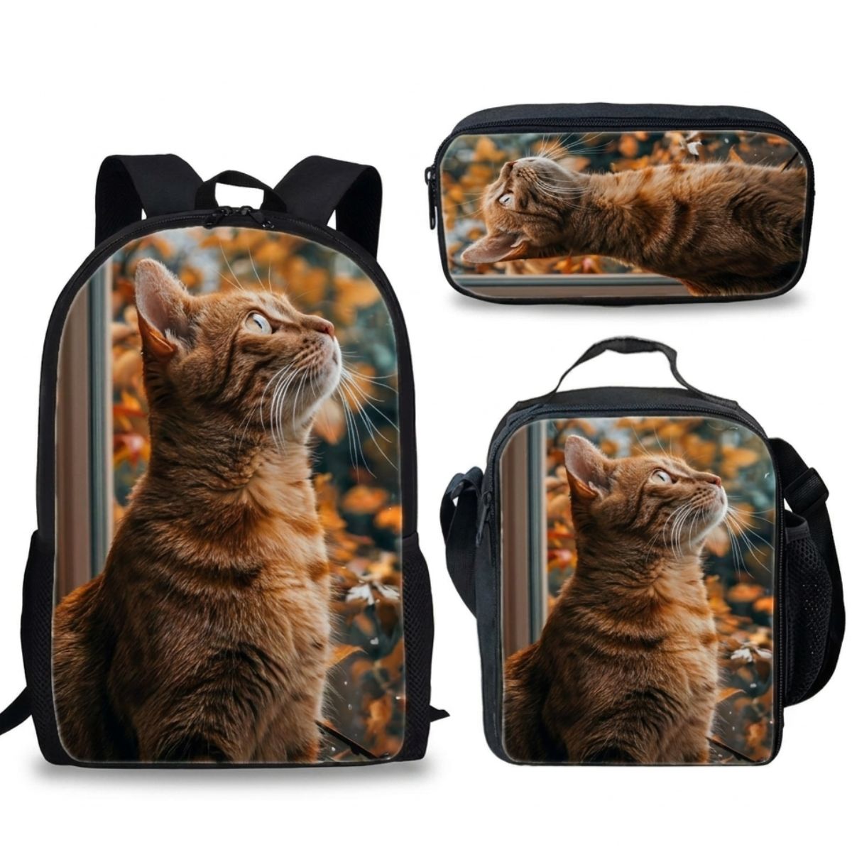 Sac à dos Chat | Ensemble 3 pièces (Sac + bandoulière + trousse) | Polyester résistant