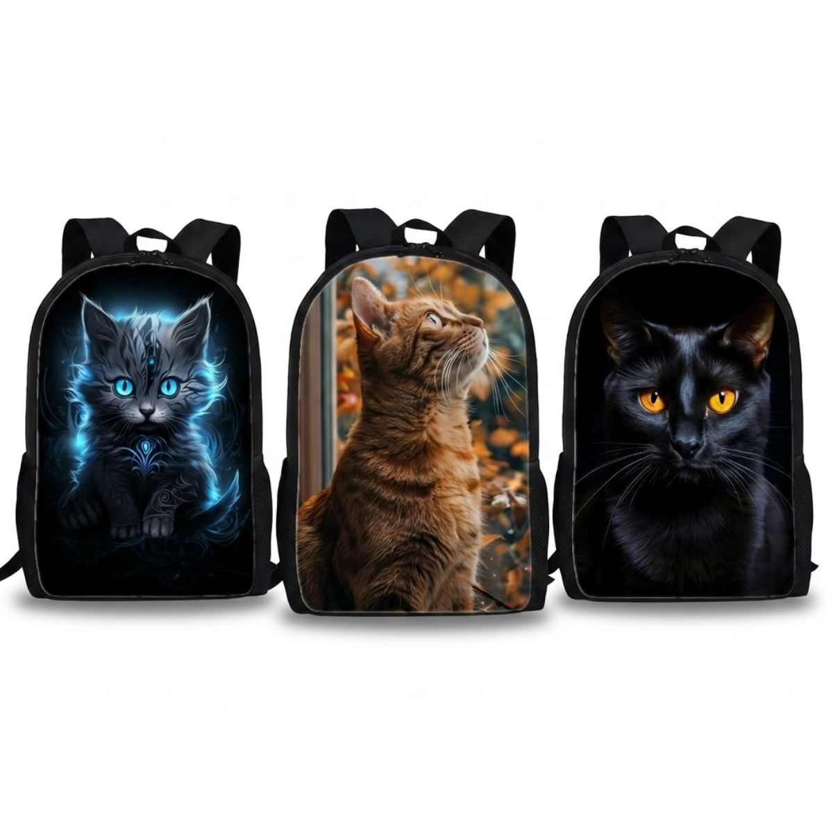Sac à dos Chat | Ensemble 3 pièces (Sac + bandoulière + trousse) | Polyester résistant