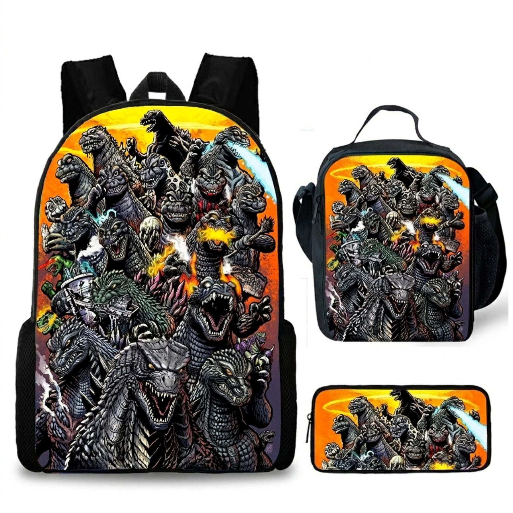 Sac à dos Godzilla pour enfant | Ensemble 3 pièces (sac + lunch bag + trousse) | Oxford imperméable