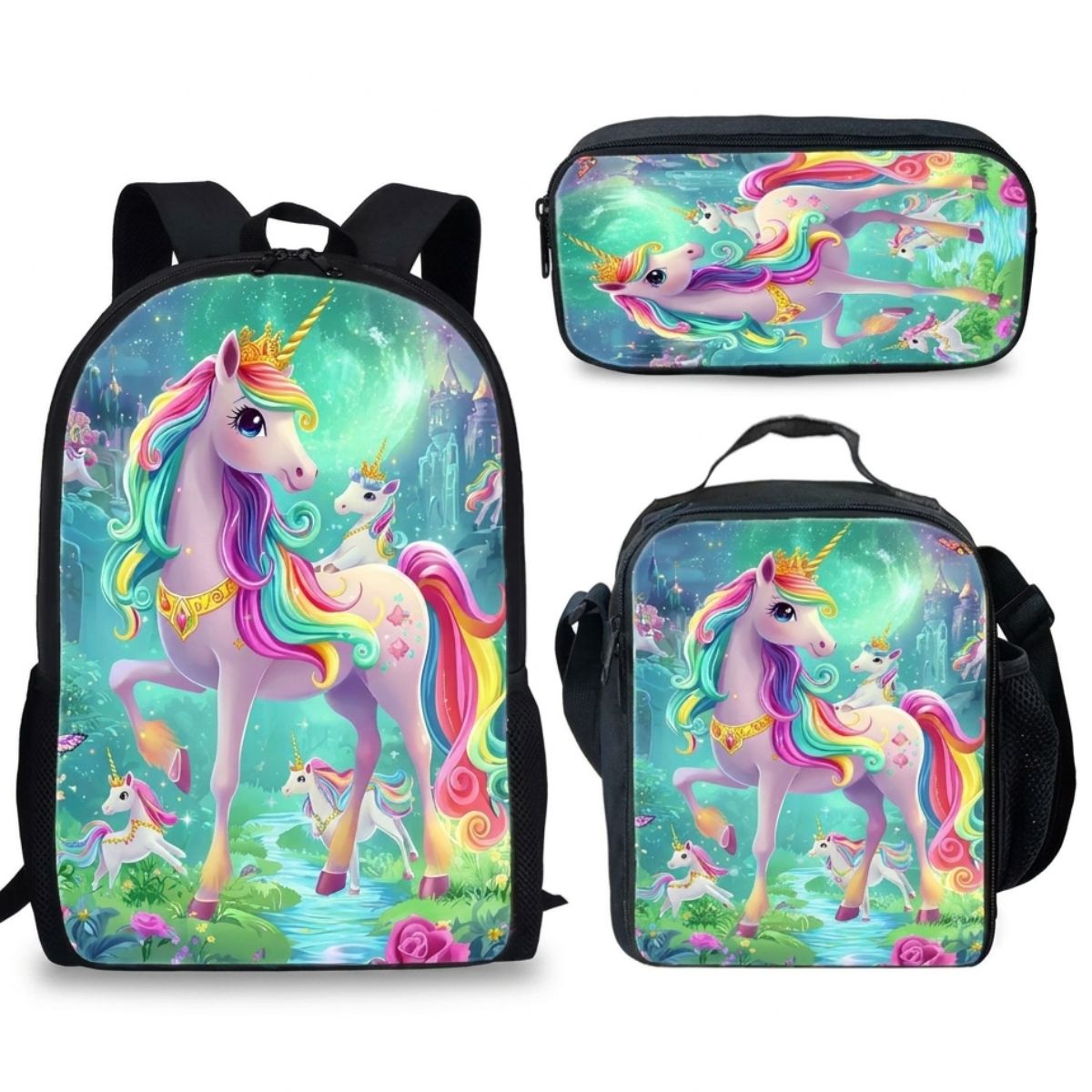 Sac à dos Licorne | Kit 3 pièces (Sac + bandoulière + trousse) | Polyester résistant