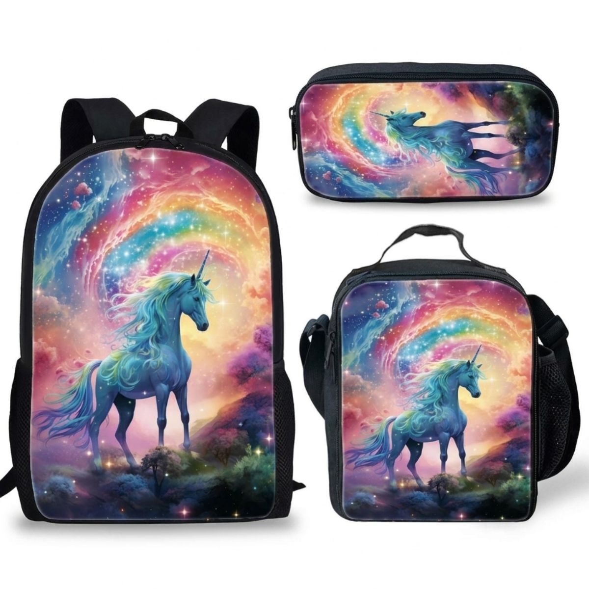 Sac à dos Licorne | Kit 3 pièces (Sac + bandoulière + trousse) | Polyester résistant