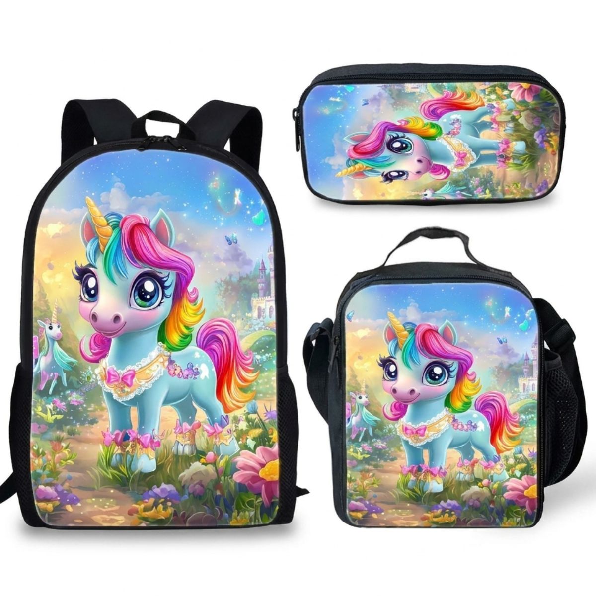 Sac à dos Licorne | Kit 3 pièces (Sac + bandoulière + trousse) | Polyester résistant