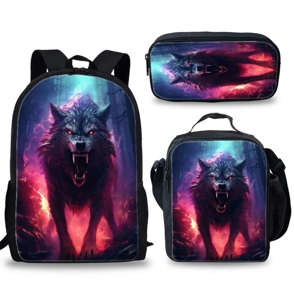 Sac à dos Loup | Ensemble 3 pièces (Sac + bandoulière + trousse) | Polyester résistant