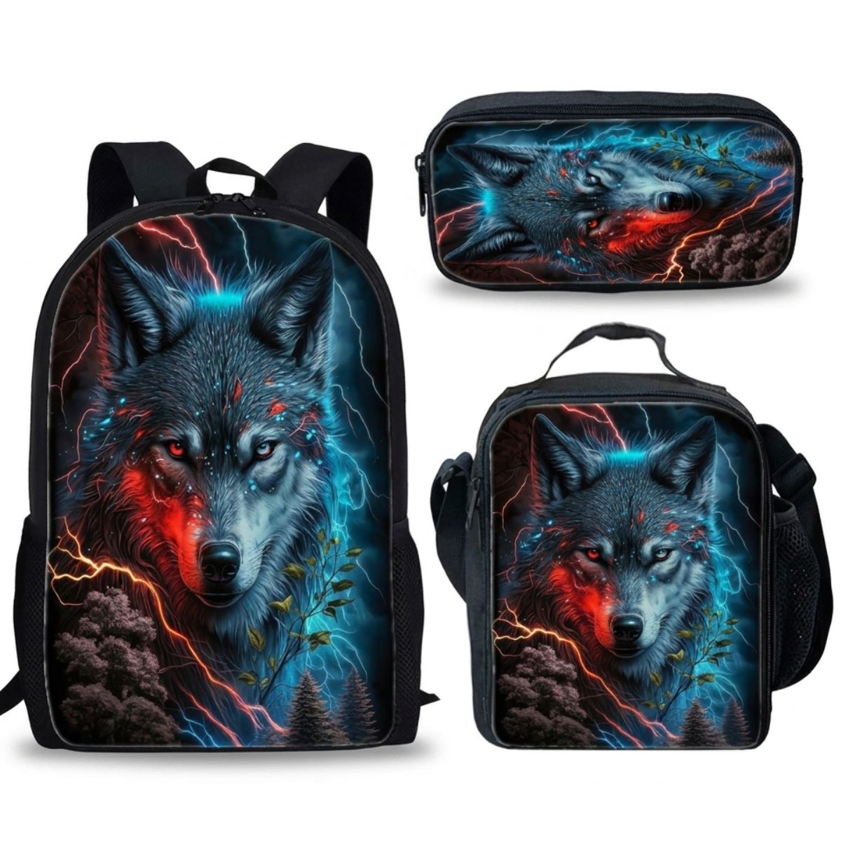 Sac à dos Loup | Ensemble 3 pièces (Sac + bandoulière + trousse) | Polyester résistant
