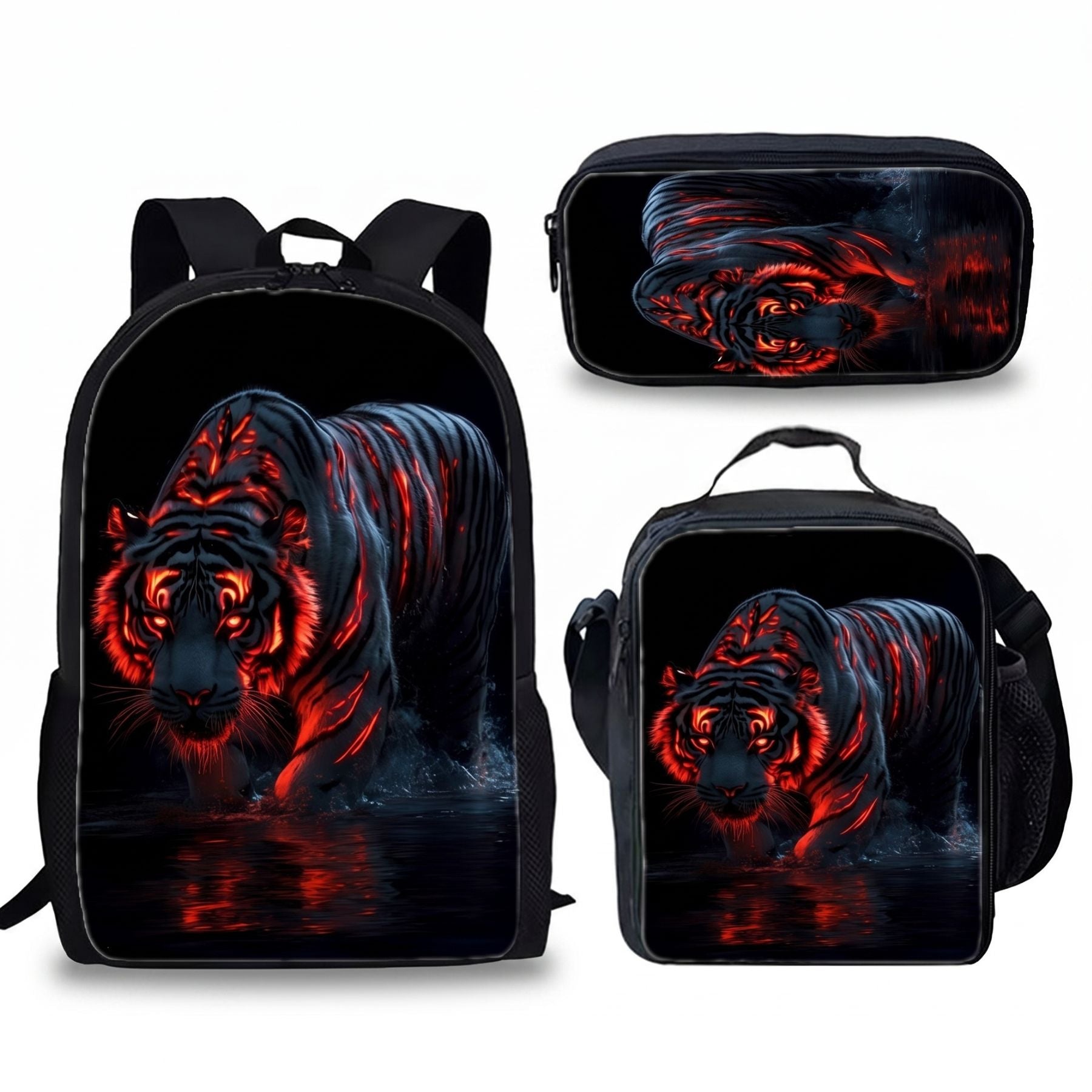 Sac à dos Tigre | Kit 3 pièces (Sac + lunch bag + trousse) | Polyester résistant