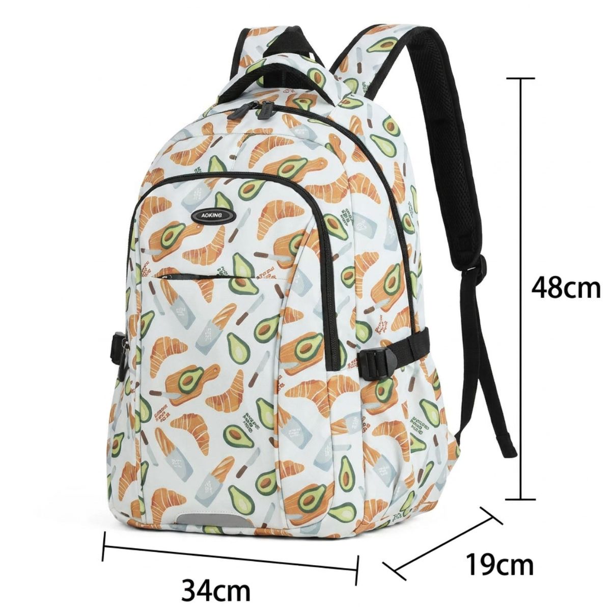 Sac à dos en polyester | Motif avocats et croissants | Bretelles respirantes | Usage quotidien