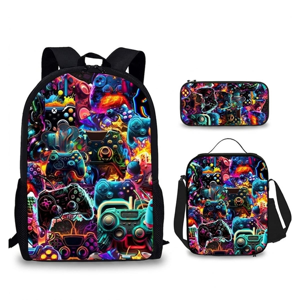 Sac à dos gaming | Ensemble 3 pièces (sac + lunch bag + trousse) | Polyester résistant