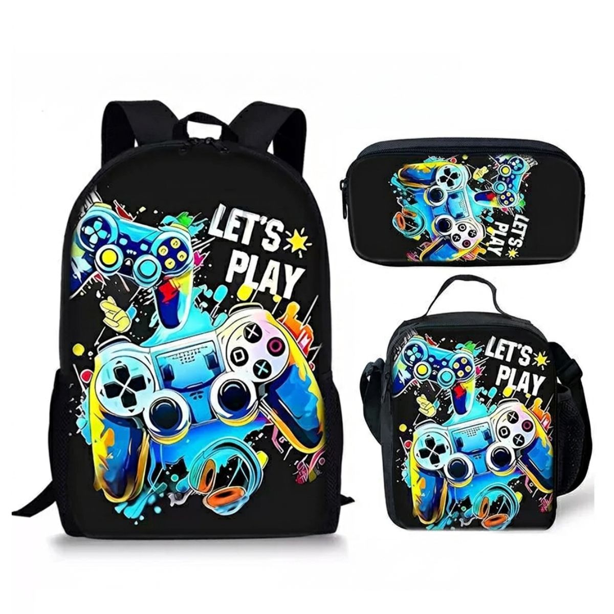 Sac à dos gaming | Ensemble 3 pièces (sac + lunch bag + trousse) | Polyester résistant