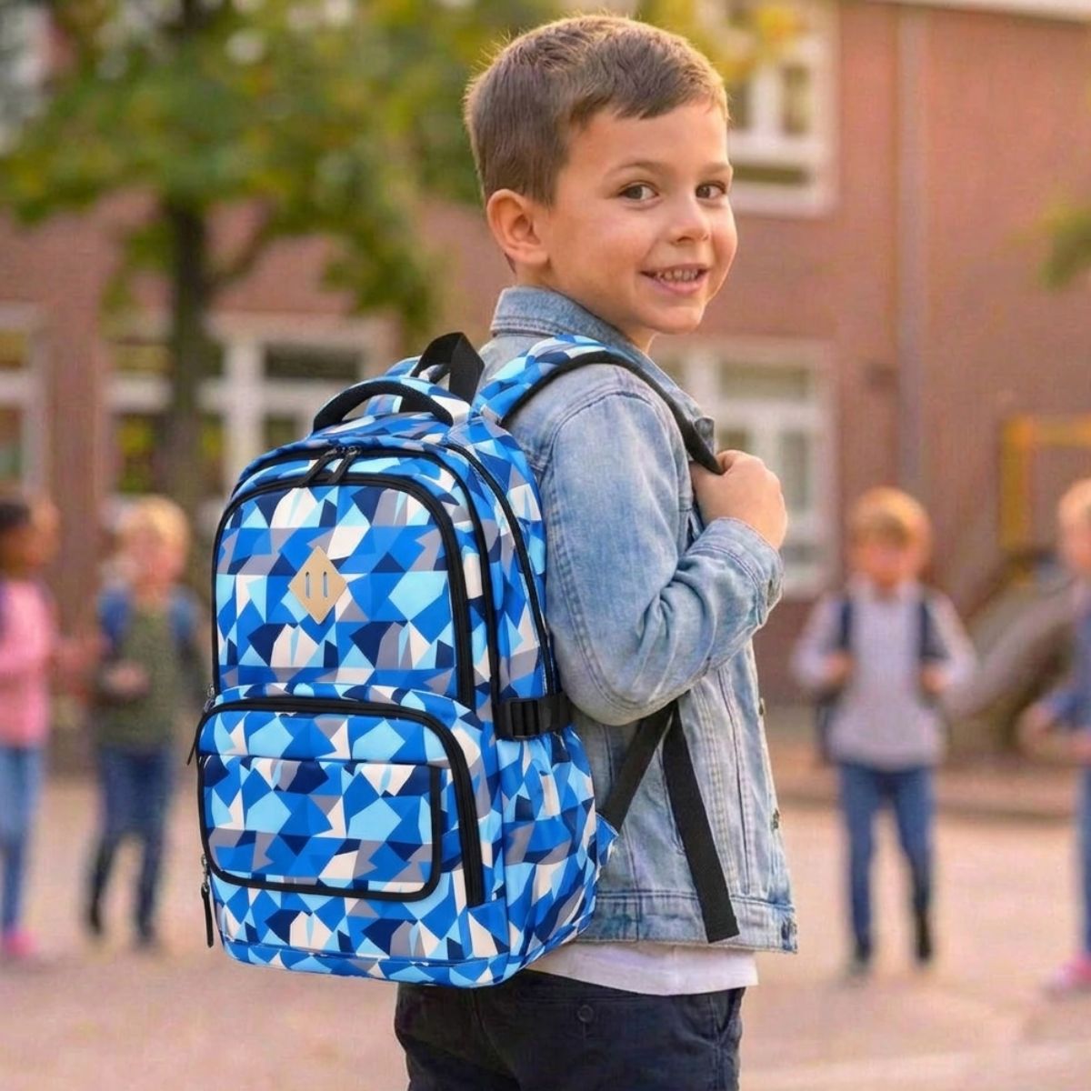 Sac à dos géométrique bleu | Multiples compartiments | Tissu résistant | Idéal pour l’école