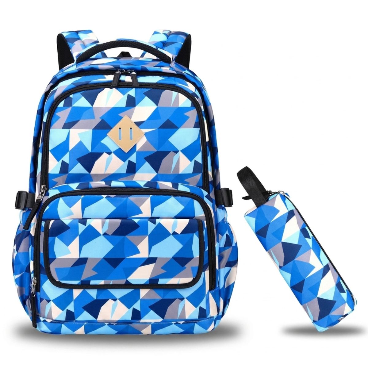 Sac à dos géométrique bleu | Multiples compartiments | Tissu résistant | Idéal pour l’école