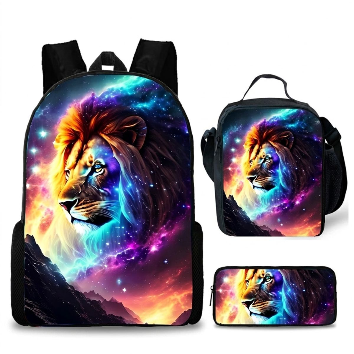 Sac à dos lion | Kit 3 pièces (sac + lunch bag + trousse) | Tissu Oxford