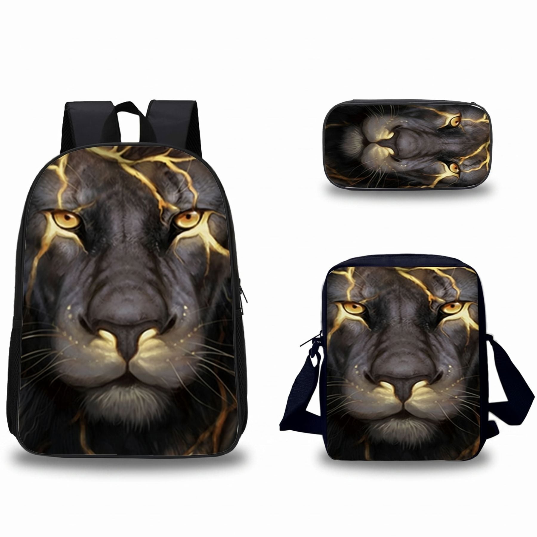 Sac à dos lion puissant | Ensemble 3 pièces (sac + bandoulière + trousse) | Nylon résistant