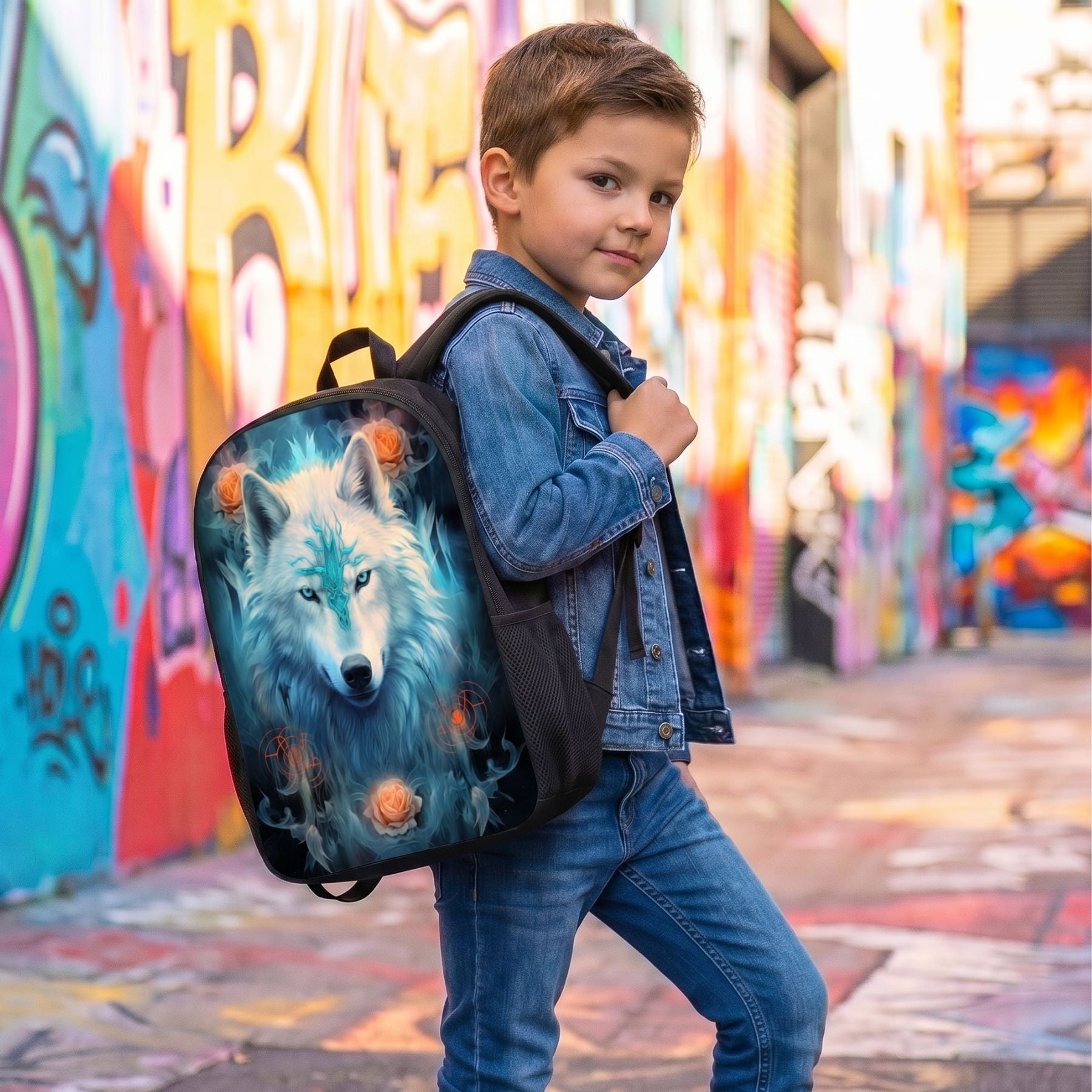 Sac à dos loup blanc | Bretelles réglables | Polyester résistant | Port confortable